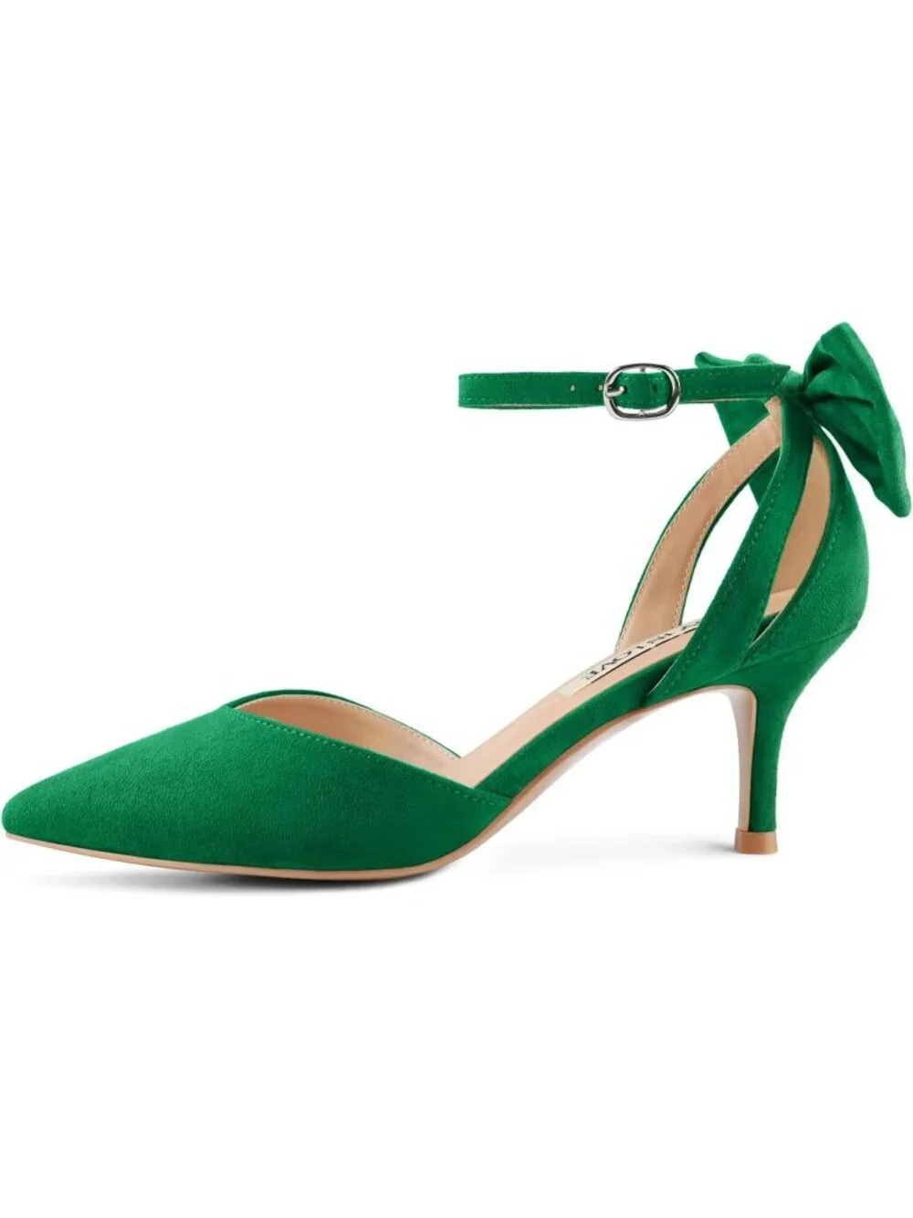 Women's Green Suede Kitten Bow Closed Pointed Toe Sandals Ankle Strap Dress Shoe